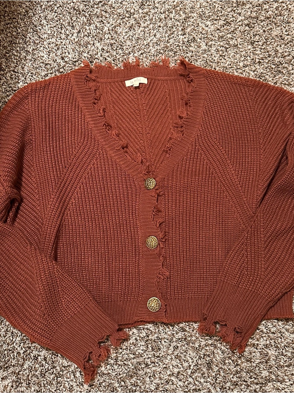 LA MIEL Rust Frayed-Edge V-Neck Cardigan with Gold Buttons